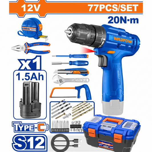 Taladro Inalámbrico 12V WADFOW – Juego 77 Piezas