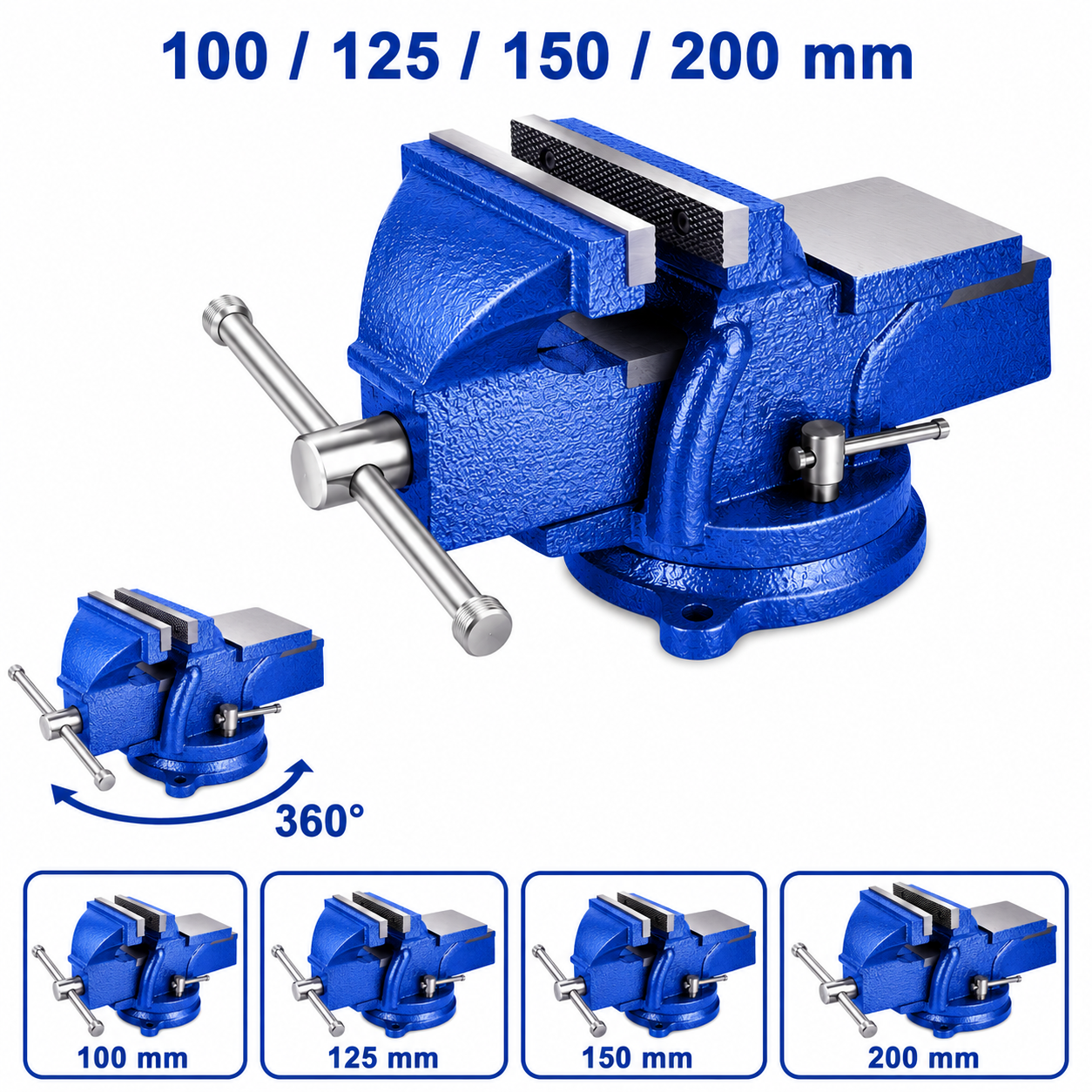 Étau Pivotant WADFOW 50 100 125 150 200mm — Étau d'Établi Fonte Robuste Serrage Métallurgie Menuiserie Chantier | SQES Tunisie
