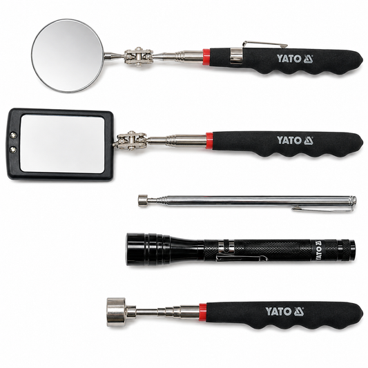 Jeu 5 outils télescopiques magnétiques YATO YT-06622, miroirs LED et pinces, inspection auto inox
