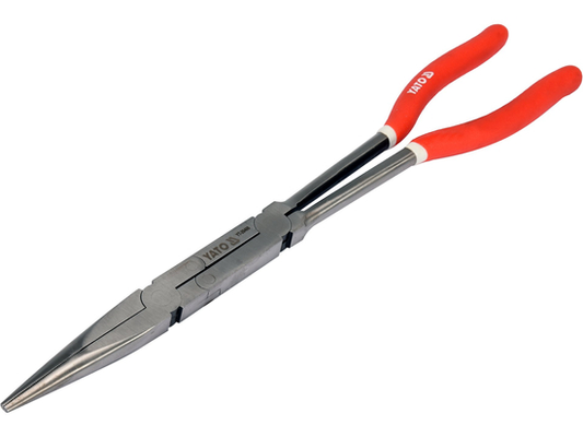 Pince à bec long YATO YT-20400, 340mm droit, acier CrV 50 HRC, poli miroir, manches PVC, précision
